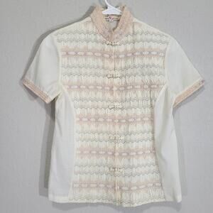 JOY Smocked Embroidered Blouse XS  S Cream Floral Frog Closure Short Sleeve